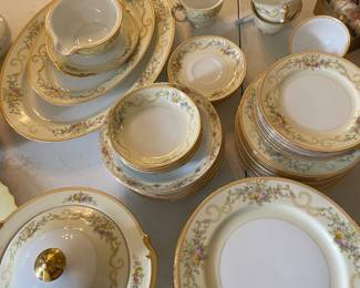 	#35		Meito China Set - gold rim as is ( 9 dinner, 10 salad, 8 bread, 4 cup and saucer, 9 soup, 4 fruit, creamer, gravy, large oval, medium oval, round regtable w/lid)	 $ 165.00 		