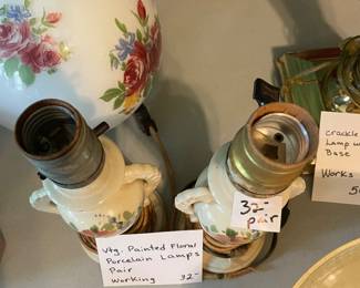 	#41		Vtg Painted Floral Porcelain Handled Lamps - working 	 $ 32.00 		
