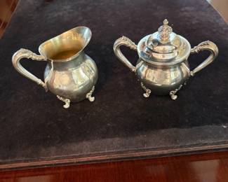 	#63		Vintage SRS Marked Silverpalted Cream and Sugar set/lid #1302	 $ 40.00 		