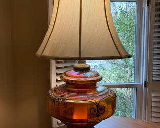 	#21		VERY LARGE Hollywood Regency Lamp - Iridescent Amber Carnival Glass w/metal Appliques	 $ 225.00 		