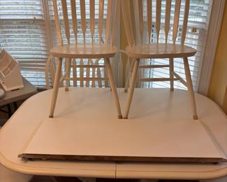 	#11		White painted split pedestal breakfast table with six chairs and one leaf -  59 1/2 x 41 1/2 x 28 with 14 3/4 inch leaf 	 $ 150.00 		