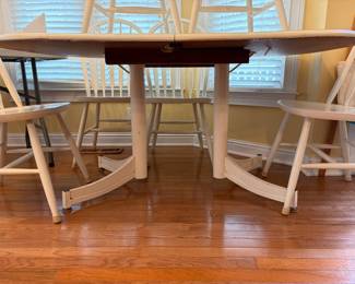 	#11		White painted split pedestal breakfast table with six chairs and one leaf -  59 1/2 x 41 1/2 x 28 with 14 3/4 inch leaf 	 $ 150.00 		