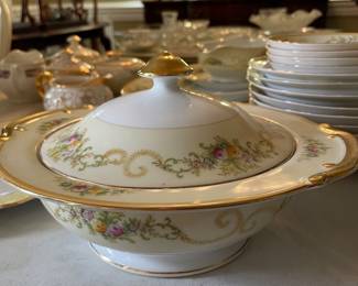 	#35		Meito China Set - gold rim as is ( 9 dinner, 10 salad, 8 bread, 4 cup and saucer, 9 soup, 4 fruit, creamer, gravy, large oval, medium oval, round regtable w/lid)	 $ 165.00 		