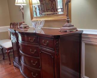 	#1		Bernhardt Mahogany Serpentine Front Sideboard Buffet w/brass hardware and dovetailed drawers. 6 Drawers, 2 doors and 2 shelves -  63 x 21 1/2 x 35 1/2 	 $ 275.00 																							