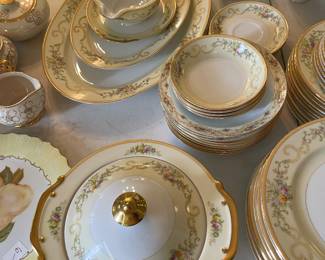 	#35		Meito China Set - gold rim as is ( 9 dinner, 10 salad, 8 bread, 4 cup and saucer, 9 soup, 4 fruit, creamer, gravy, large oval, medium oval, round regtable w/lid)	 $ 165.00 		