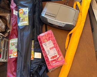 Outdoor camp chairs , umbrella vintage boom box