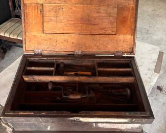 Vintage wooden tool box and tools