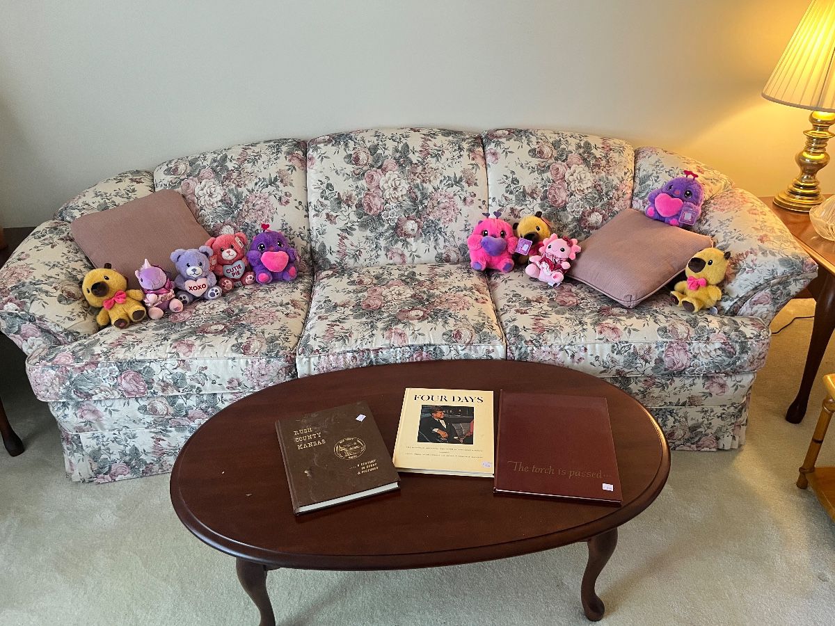 Floral sofa and cherry coffee table