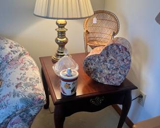 Cherrywood, end tables, table, lamps, miscellaneous decor