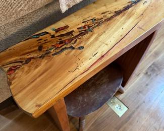 Hand crafted small table with coral and turquoise inlay