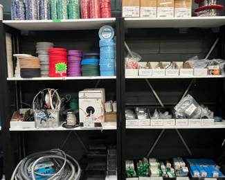 electrical tape, electrical supplies, halogen lamps, wire, gaffer tape, spike tape, hardware
