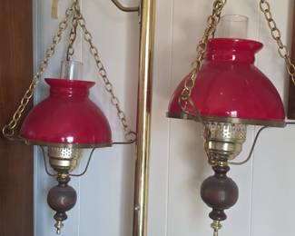 Vintage Brass Floor Lamp with Double Red Glass Shades