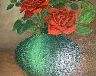 Painting of Red Roses in Textured Green Vase