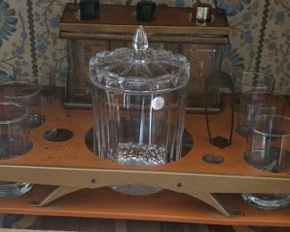 Mid-Century Bar Cart with Crystal Decanter & Glasses