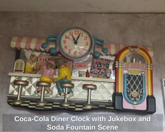 CocaCola Diner Clock with Jukebox and Soda Fountain Scene