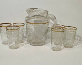 Etched Grapevine Glass Pitcher and Tumbler Set with Gold Rim