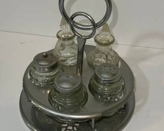 Glass Condiment Set with Silver Plate Caddy