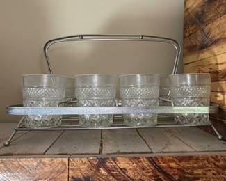 Vintage Diamond Pattern Glass Tumblers with Metal Carrier