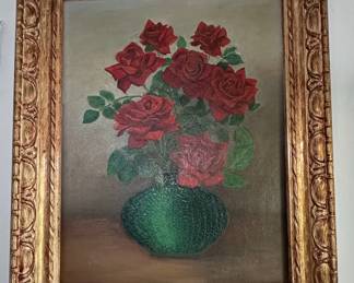 Painting of Red Roses in Textured Green Vase
