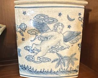 Blue and White Porcelain Lidded Jar with Cherub Motif