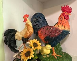 Ceramic Rooster and Hen Figurines