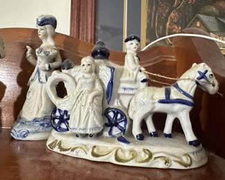Blue and White Porcelain Figurines with Horse-Drawn Carriage