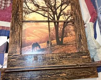 Rustic Barnwood Style Faux Window Frame with Horse Landscape