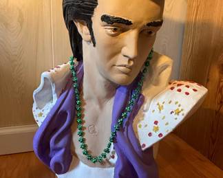 Elvis Presley Bust with Purple Scarf and Green Beaded Necklace