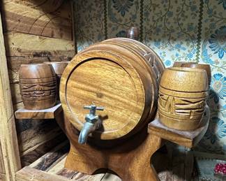 Hand Carved Wooden Barrel Decanter Set with Tiki Tumblers