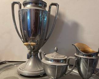 Universal Landers Frary Clark "Sunburst" Style Coffee Urn, Sugar Bowl, and Creamer Set