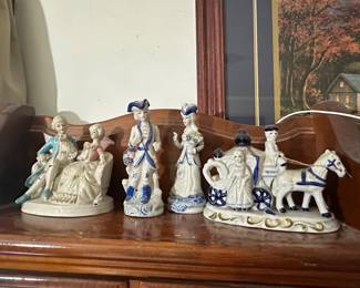 Blue and White Porcelain Figurines with Horse-Drawn Carriage