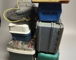 Collection of Fishing Tackle Boxes and Net