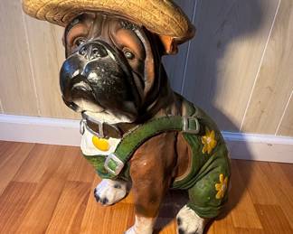 Bulldog Garden Statue with Straw Hat and Overalls