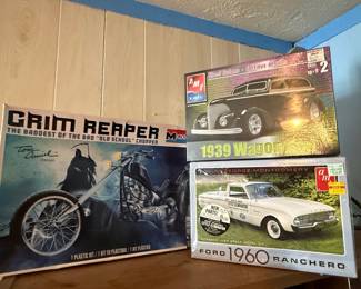 AMT 1939 Wagon Street Customs Model Kit & Monogram Grim Reaper "Baddest of the Bad" Chopper Model Kit & AMT 1960 Ford Ranchero "Little Eliminator" Model Kit