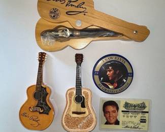 Elvis Presley Memorabilia Lot with Miniature Guitars, Pin, and Replica Driver's License