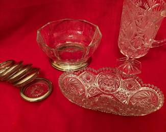 crystal bowls, coasters, and pitcher