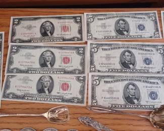 1952 silver certificate 5.00 and other bills