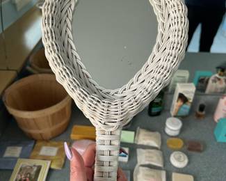 White wicker hand mirror 