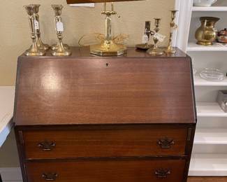 ANTIQUE MAHOGANY DROP FRONT DESK WITH BRASS DESK LSMP