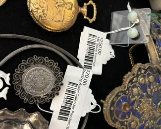 Sterling Aztec Calendar Pendant/Brooch, 14k Stone Earrings 