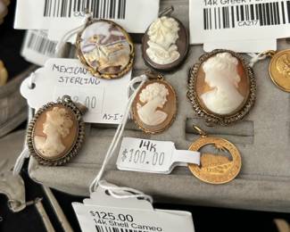 14k Shell Cameo, 14k Greek Pendant, Sterling Landscape Pendant/Brooch