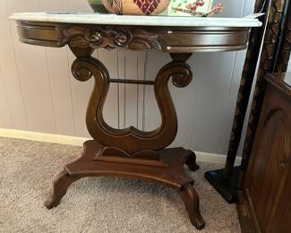 Victorian Style Lyre Base Marble Top Console Table 