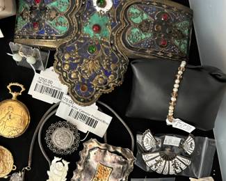 Sterling Aztec Calendar Pendant/Brooch, 14k Stone Earrings 