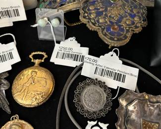 Sterling Aztec Calendar Pendant/Brooch, 14k Stone Earrings 