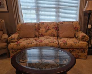 Couch and Wood, Glass, and Iron Coffee Table