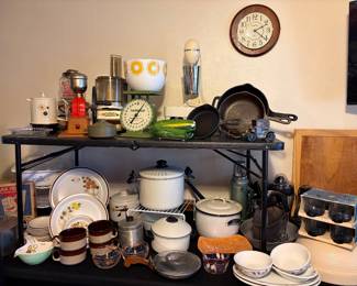 Vintage kitchen, enamel, dishes, scales