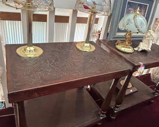 Matching carved wood end tables