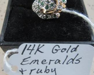 14K Leopard Ring w/Emeralds & Rubies