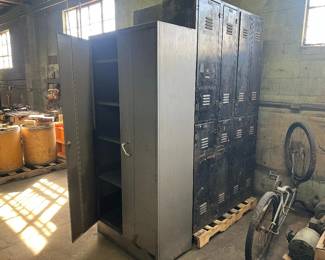 two sets of two-tiered storage lockers, metal storage cabinet with lock