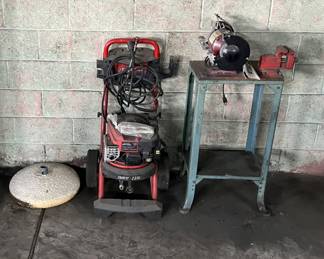 umbrella base, power washer, bench grinder and clamp table set